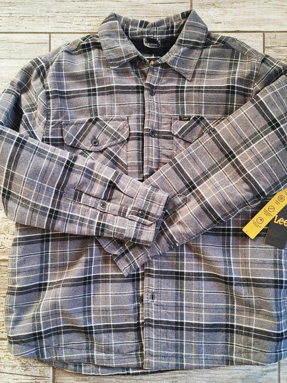 Lee Men’s Regular Fit Plaid Fleece Shirt Jacket, in Black/Gray/Tan plaid